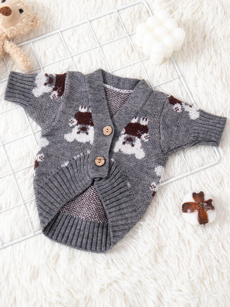 Cuddly Bear Button-Up Dog Cardigan,Cozy & Chic Polyester Knit Sweater, Winter Warmth for Small Breeds