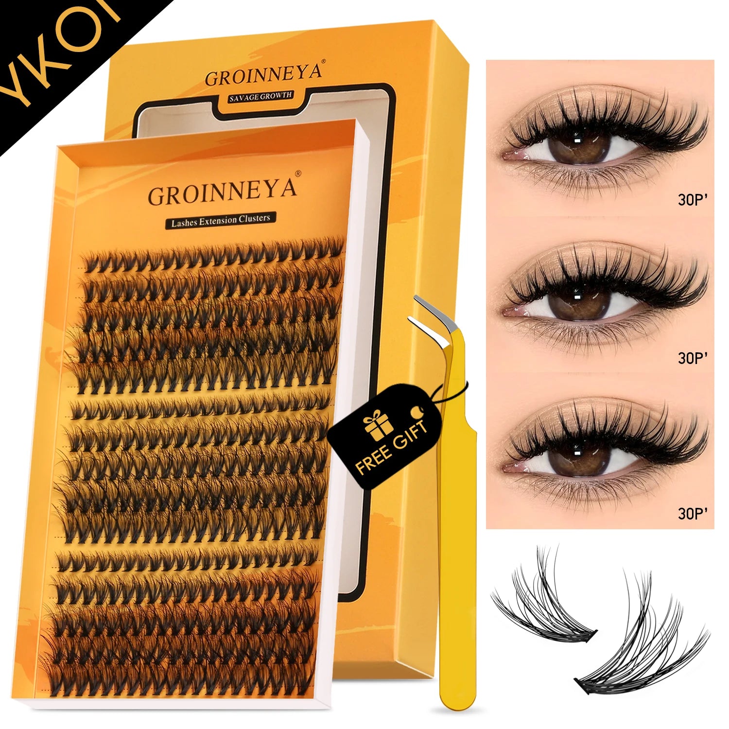 GROINNEYA Lashes Clusters Cat Eyelashes Wispy Individual Lashes Extensions Volume Fluffy Clusters Lashes DIY Eyelashes Makeup