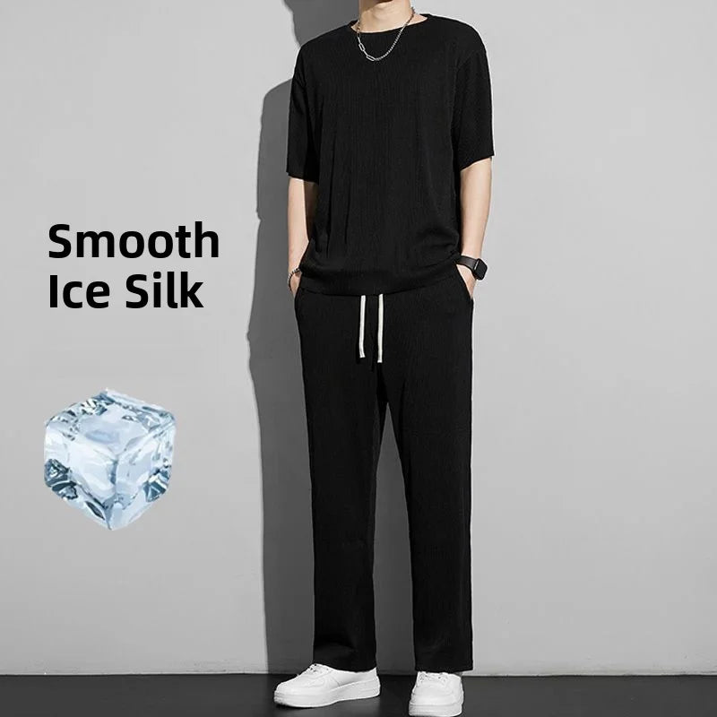 Ice Silk Sportswear Set Men's Summer Thin Casual Pants ort Sve Qui Dry Drapey Clothes  Lightweight Outfit