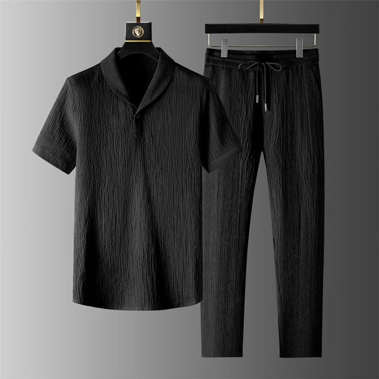 Ice Silk Qui Dry Linen Set Men Summer Thin Loose Set ort Sve Nine Points Pants Two Piece Set Trendy Casual Sportswear