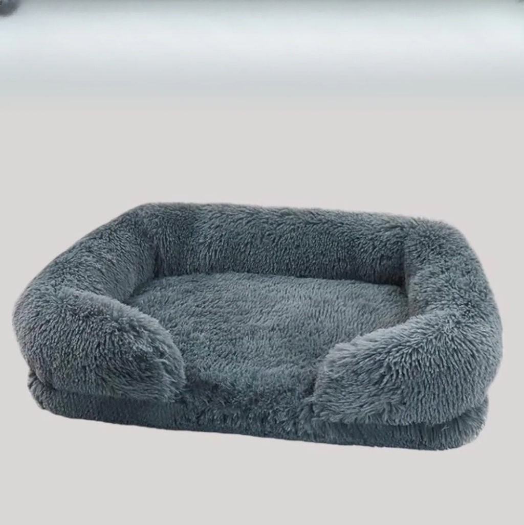 Sofa Style Furry Pet Bed - Rectangular Plush Dog Cat Bed in Warm Earthy Colours, Soft Cozy Sleeping Cushion Mat for Kennel Sofa