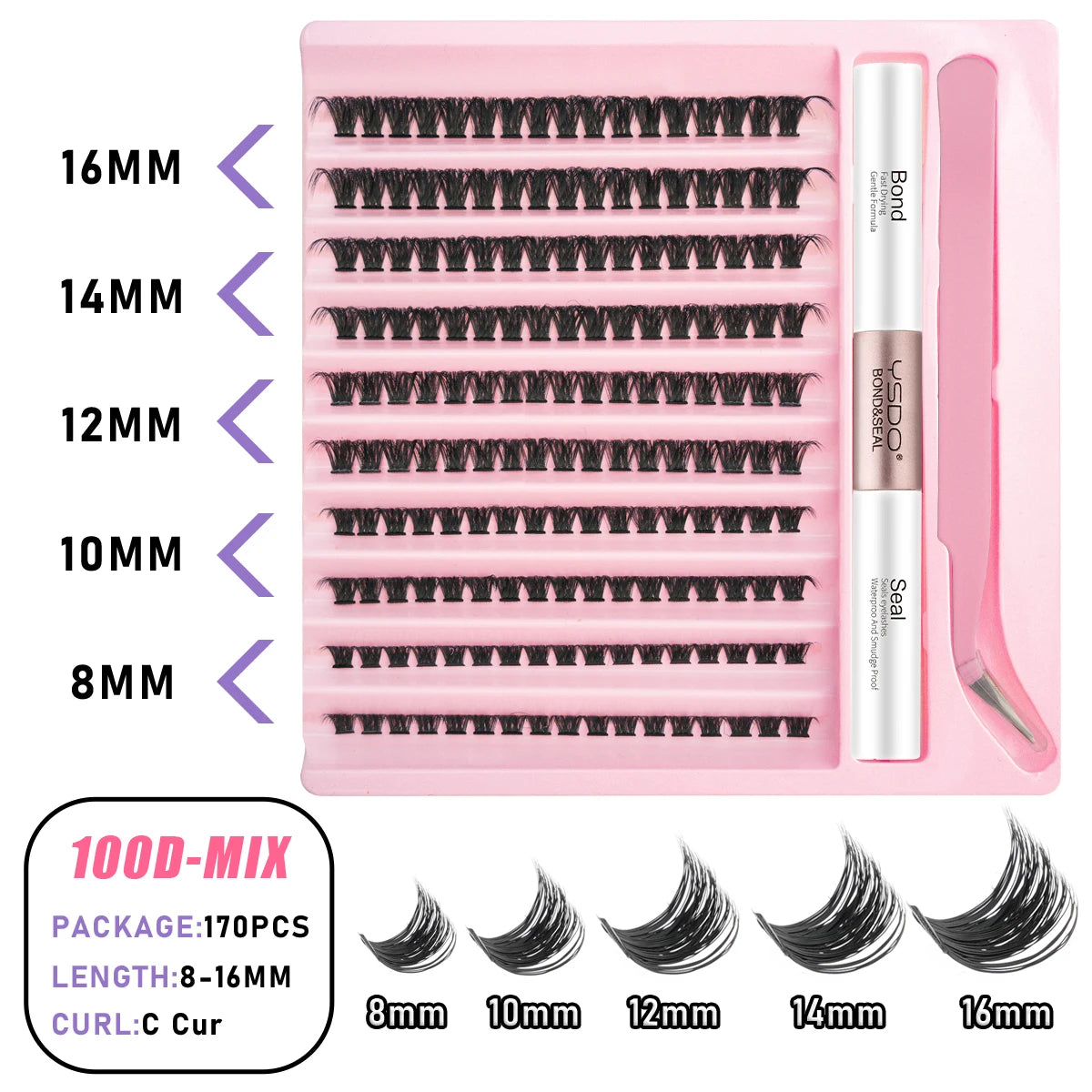 Lash Clusters Set DIY Lashes Extension Kit Individual Eyelash Kit 5-16mm Lash Clusters with Bond and Seal and Lash Applicator