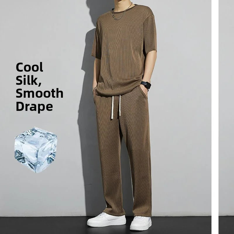 Ice Silk Sportswear Set Men's Summer Thin Casual Pants ort Sve Qui Dry Drapey Clothes  Lightweight Outfit