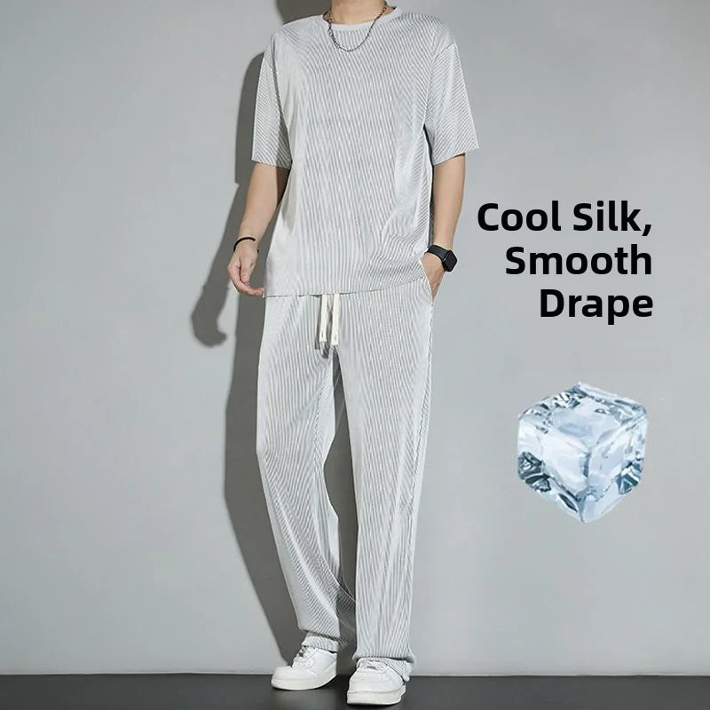 Ice Silk Sportswear Set Men's Summer Thin Casual Pants ort Sve Qui Dry Drapey Clothes  Lightweight Outfit