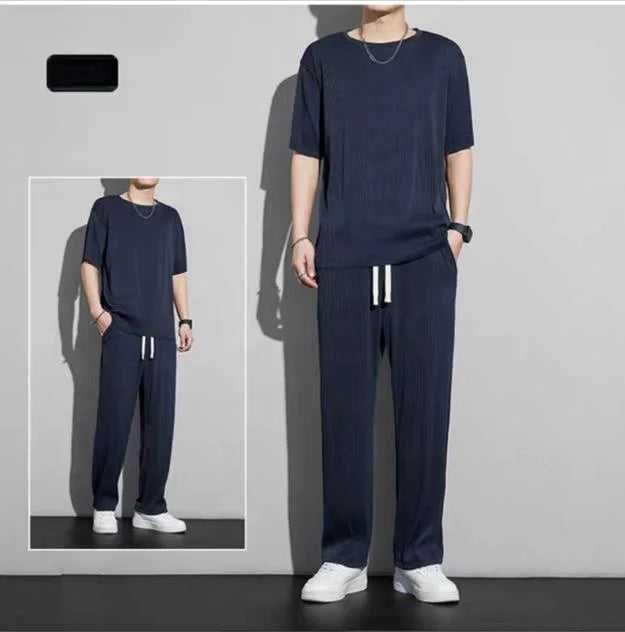 Ice Silk Sportswear Set Men's Summer Thin Casual Pants ort Sve Qui Dry Drapey Clothes  Lightweight Outfit