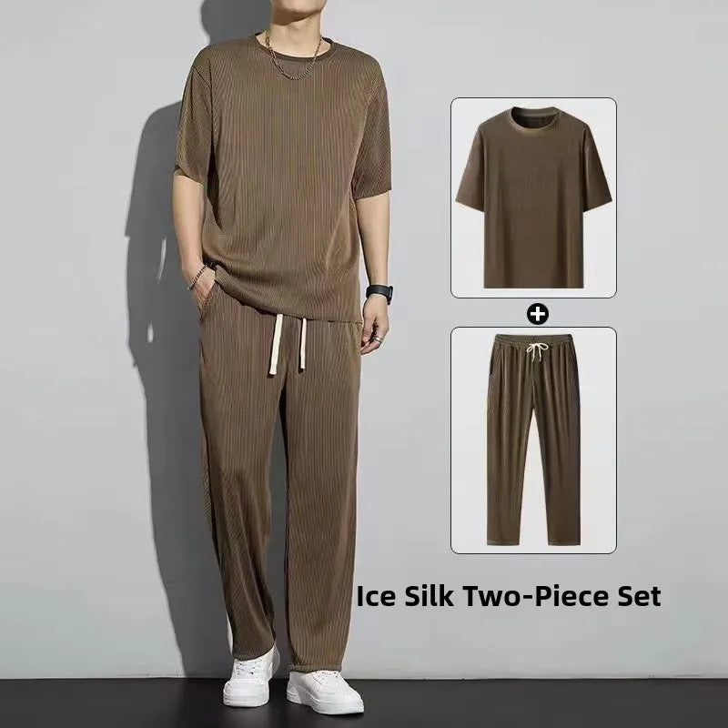 Ice Silk Sportswear Set Men's Summer Thin Casual Pants ort Sve Qui Dry Drapey Clothes  Lightweight Outfit