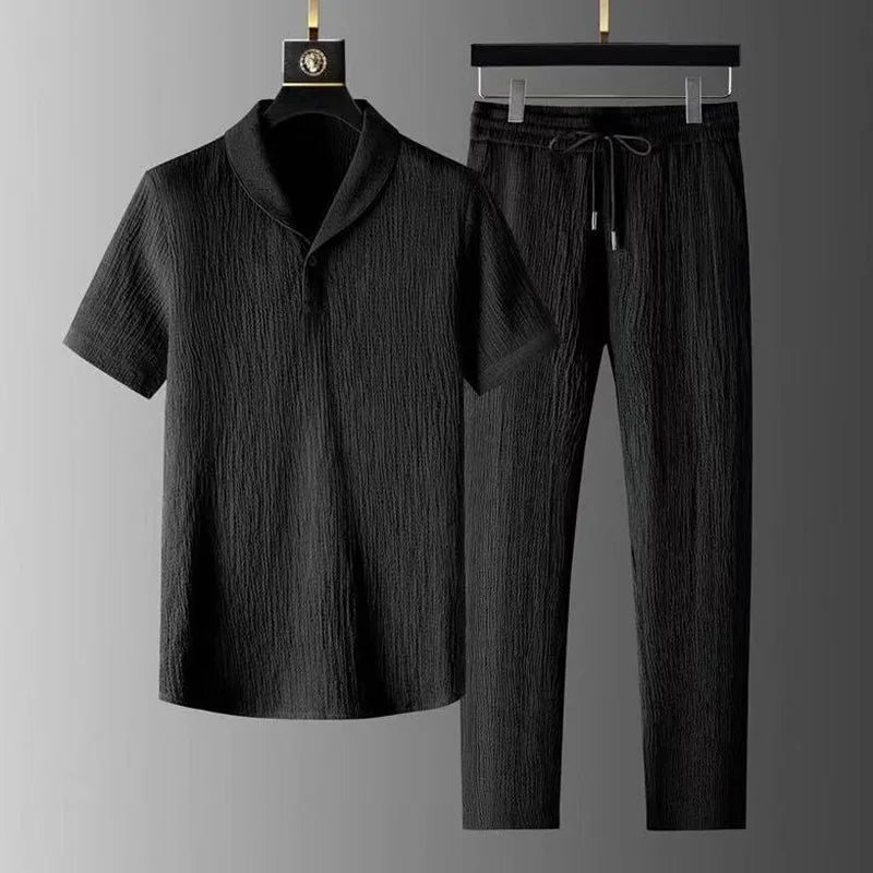 Ice Silk Qui Dry Linen Set Men Summer Thin Loose Set ort Sve Nine Points Pants Two Piece Set Trendy Casual Sportswear
