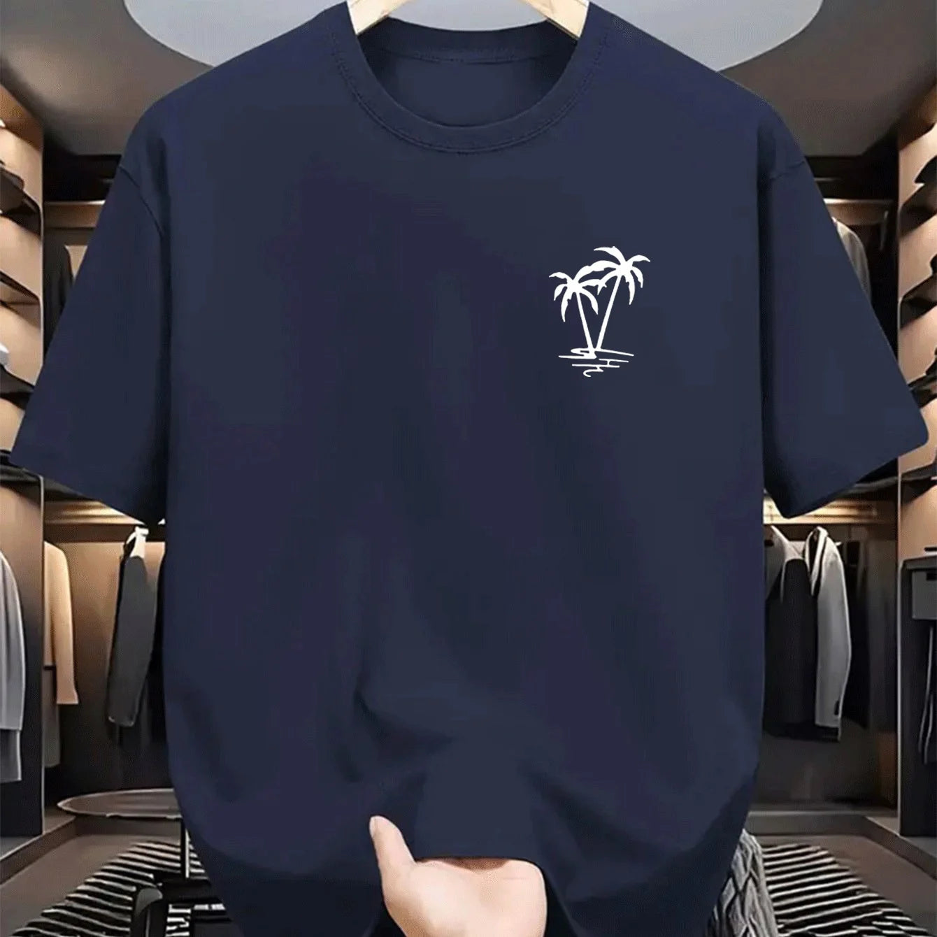 Men's summer 100% cotton fashionable casual loose coconut tree pattern printed sports round neck short sleeved T-shirt top