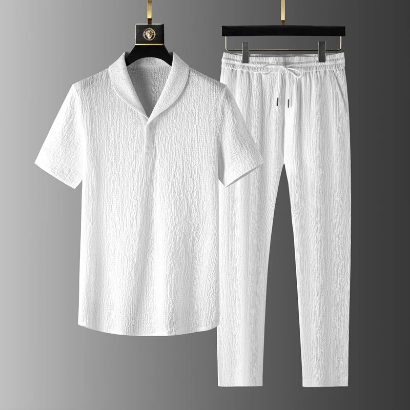 Ice Silk Qui Dry Linen Set Men Summer Thin Loose Set ort Sve Nine Points Pants Two Piece Set Trendy Casual Sportswear