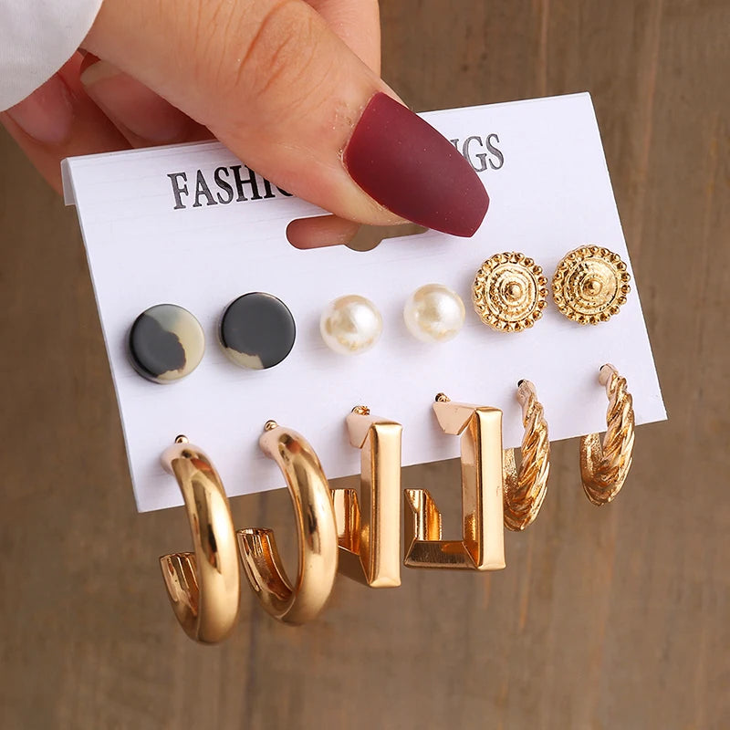 Gold Color Vintage Geometry Pearl Earrings Set Metal Twine Square Dangle Earrings Round for Women Simple Trendy Party Jewelry