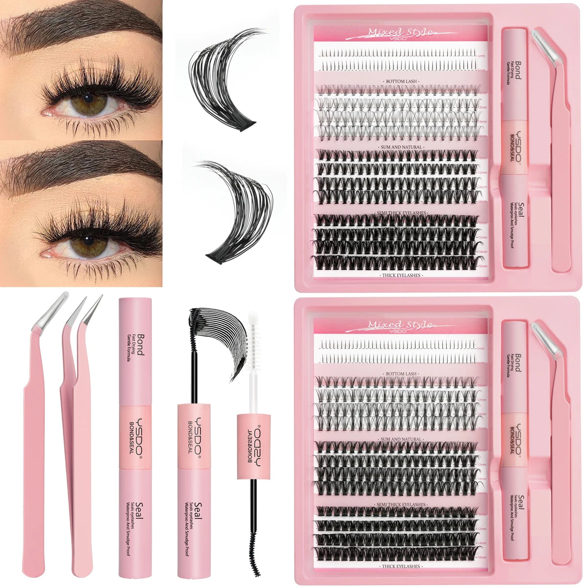 Lash Clusters Set DIY Lashes Extension Kit Individual Eyelash Kit 5-16mm Lash Clusters with Bond and Seal and Lash Applicator