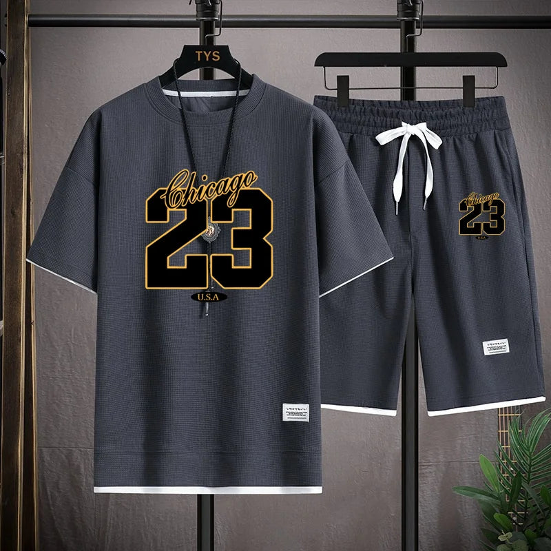 High Quality Men's Korea Comfortable and Summer  Fashion Print Sports Suit Fitness Jogging Daily Casual Wear Beach Shorts Set