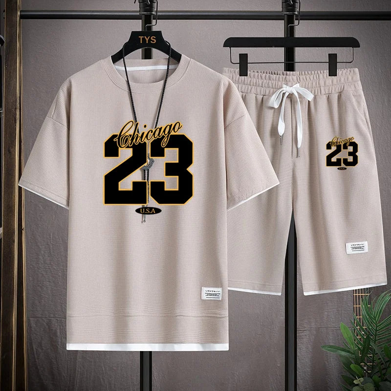 High Quality Men's Korea Comfortable and Summer  Fashion Print Sports Suit Fitness Jogging Daily Casual Wear Beach Shorts Set