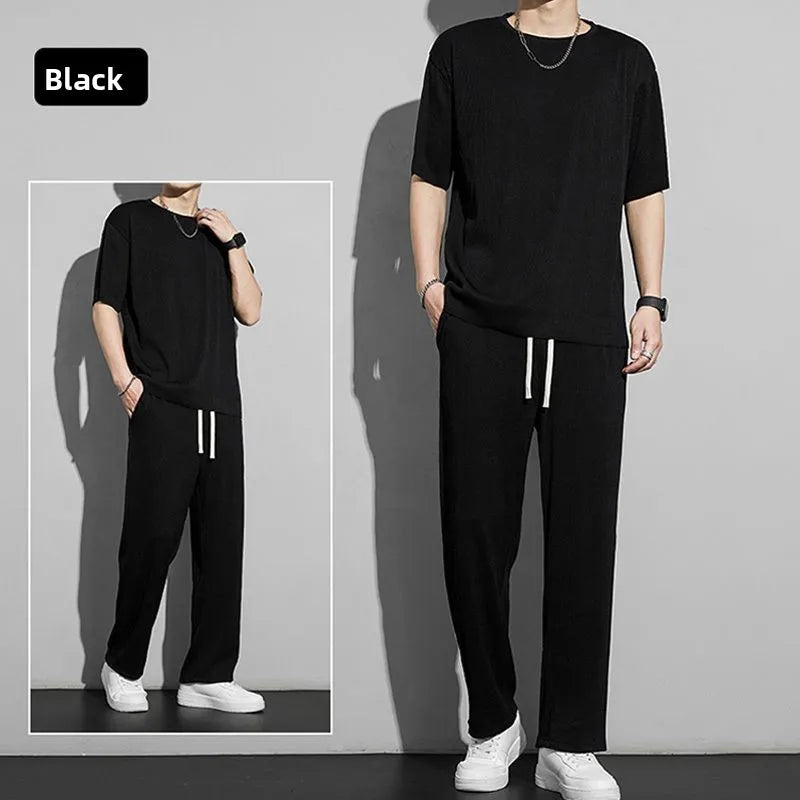 Ice Silk Sportswear Set Men's Summer Thin Casual Pants ort Sve Qui Dry Drapey Clothes  Lightweight Outfit
