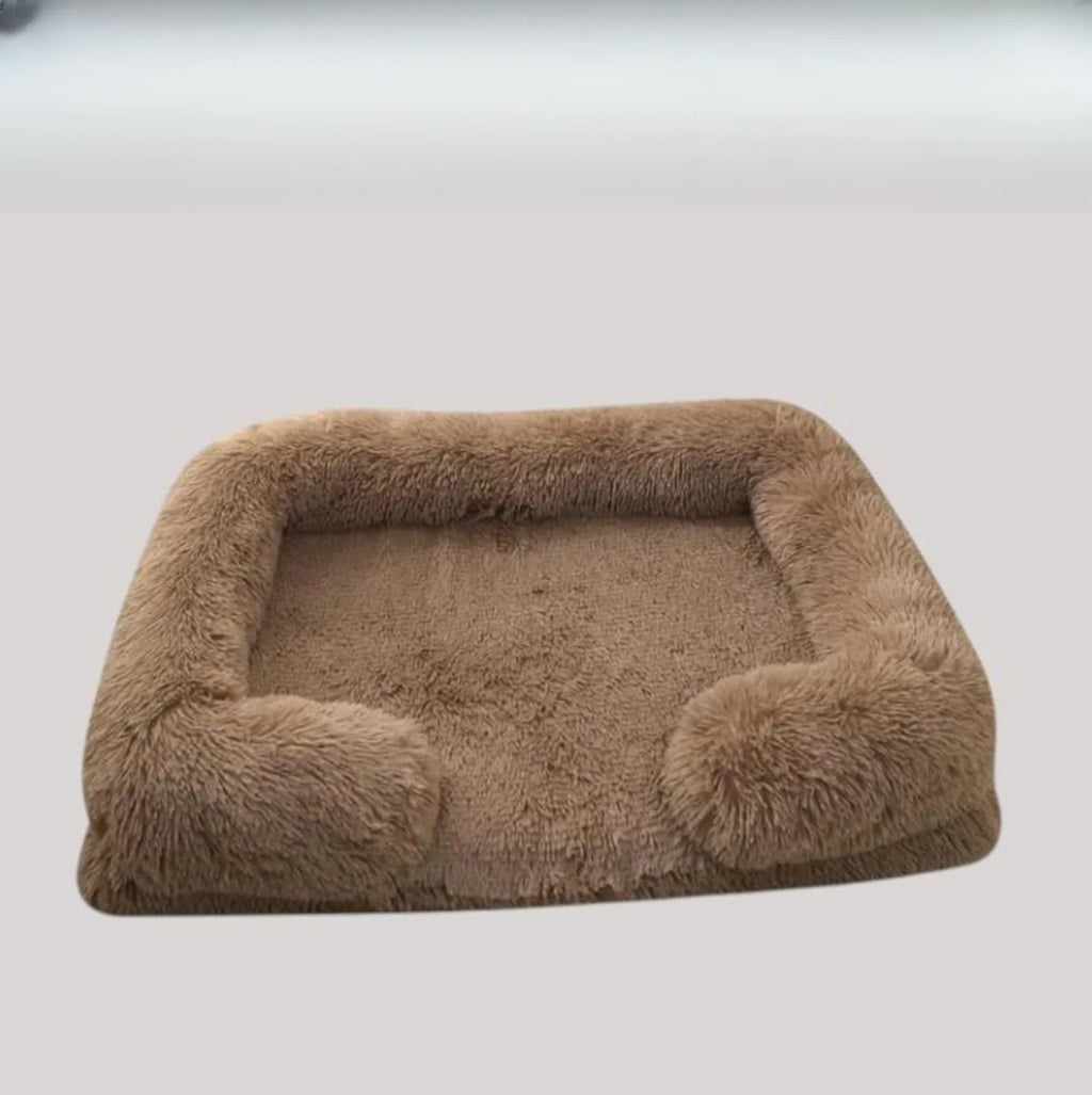 Sofa Style Furry Pet Bed - Rectangular Plush Dog Cat Bed in Warm Earthy Colours, Soft Cozy Sleeping Cushion Mat for Kennel Sofa