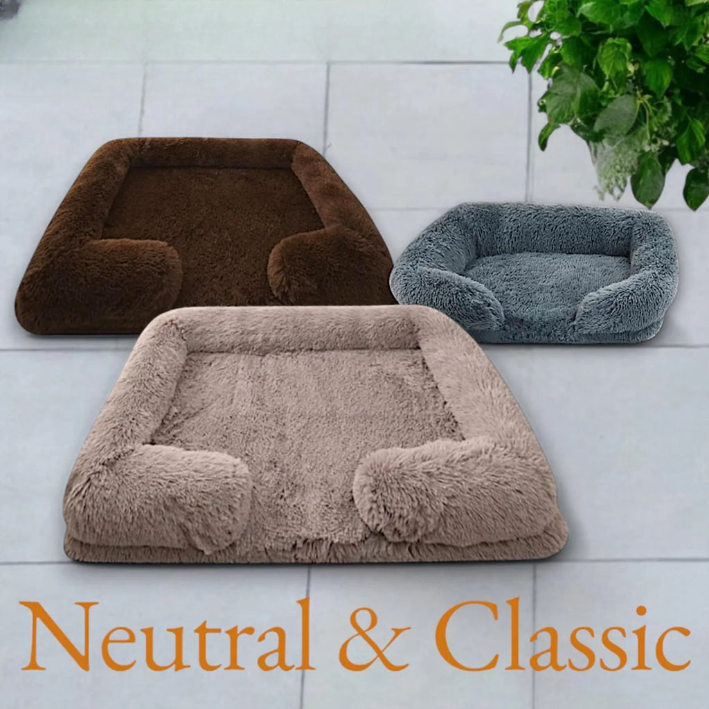 Sofa Style Furry Pet Bed - Rectangular Plush Dog Cat Bed in Warm Earthy Colours, Soft Cozy Sleeping Cushion Mat for Kennel Sofa