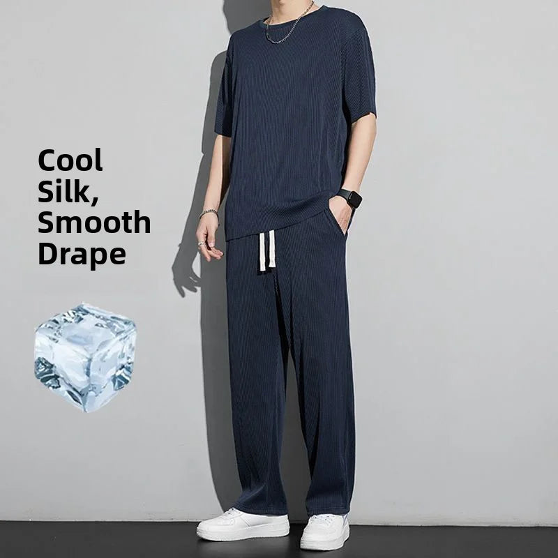 Ice Silk Sportswear Set Men's Summer Thin Casual Pants ort Sve Qui Dry Drapey Clothes  Lightweight Outfit