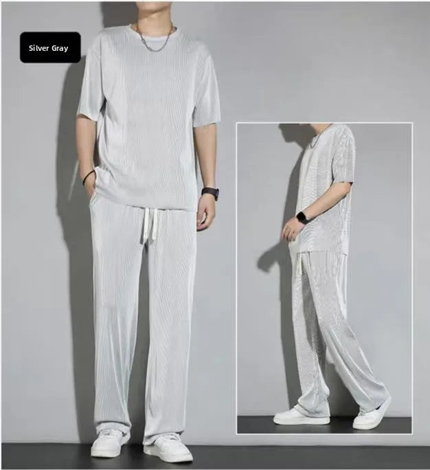 Ice Silk Sportswear Set Men's Summer Thin Casual Pants ort Sve Qui Dry Drapey Clothes  Lightweight Outfit