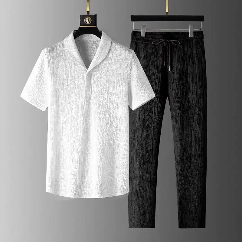 Ice Silk Qui Dry Linen Set Men Summer Thin Loose Set ort Sve Nine Points Pants Two Piece Set Trendy Casual Sportswear