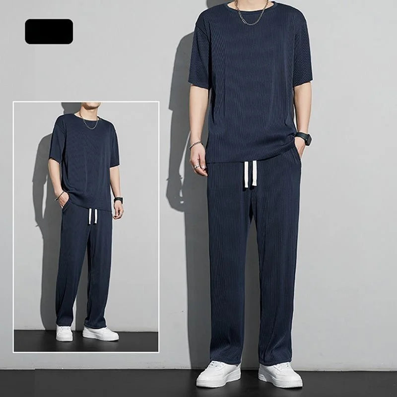 Ice Silk Sportswear Set Men's Summer Thin Casual Pants ort Sve Qui Dry Drapey Clothes  Lightweight Outfit