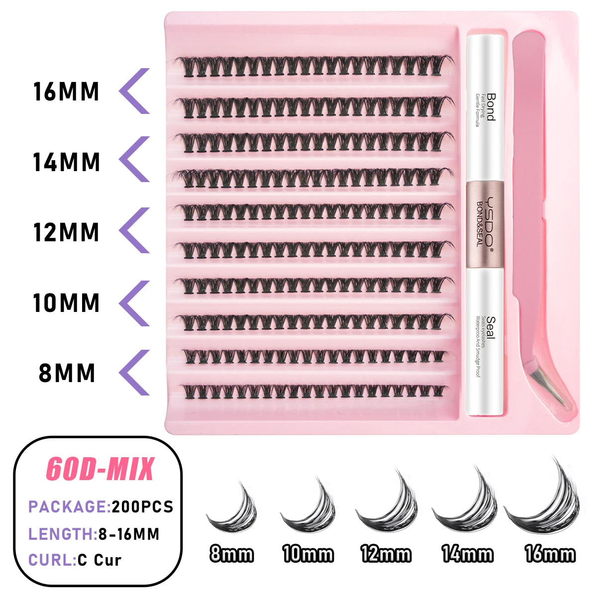 Lash Clusters Set DIY Lashes Extension Kit Individual Eyelash Kit 5-16mm Lash Clusters with Bond and Seal and Lash Applicator