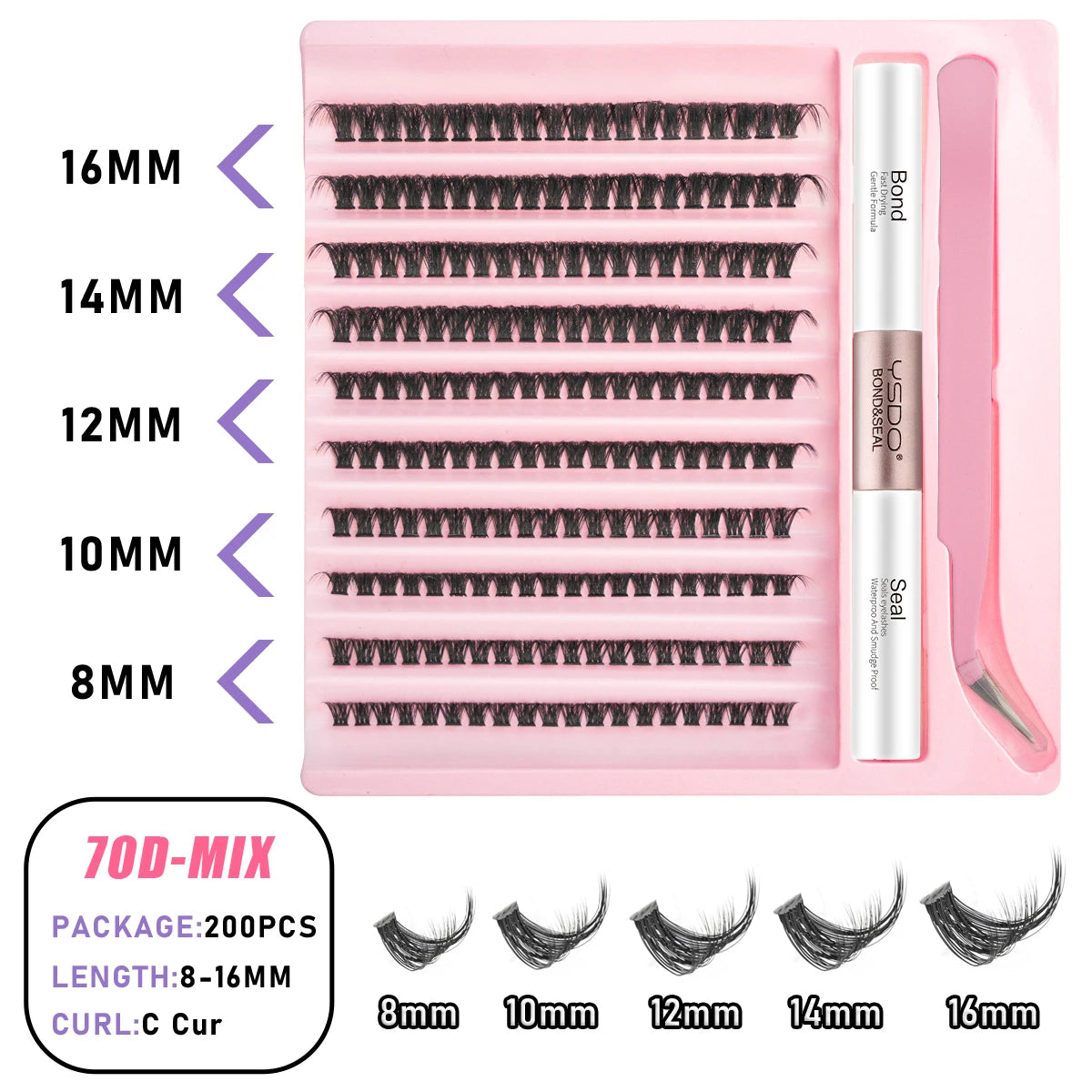 Lash Clusters Set DIY Lashes Extension Kit Individual Eyelash Kit 5-16mm Lash Clusters with Bond and Seal and Lash Applicator