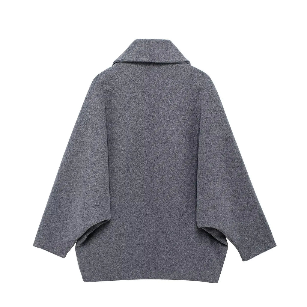 TRAFZA Winter Women's Loose Short Jacket Stand Collar Long Sleeve Button Casual Jacket Women's Wool Blended Khaki Top Y2K