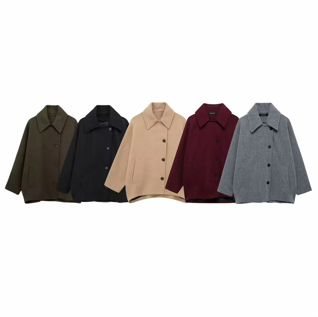 TRAFZA Winter Women's Loose Short Jacket Stand Collar Long Sleeve Button Casual Jacket Women's Wool Blended Khaki Top Y2K