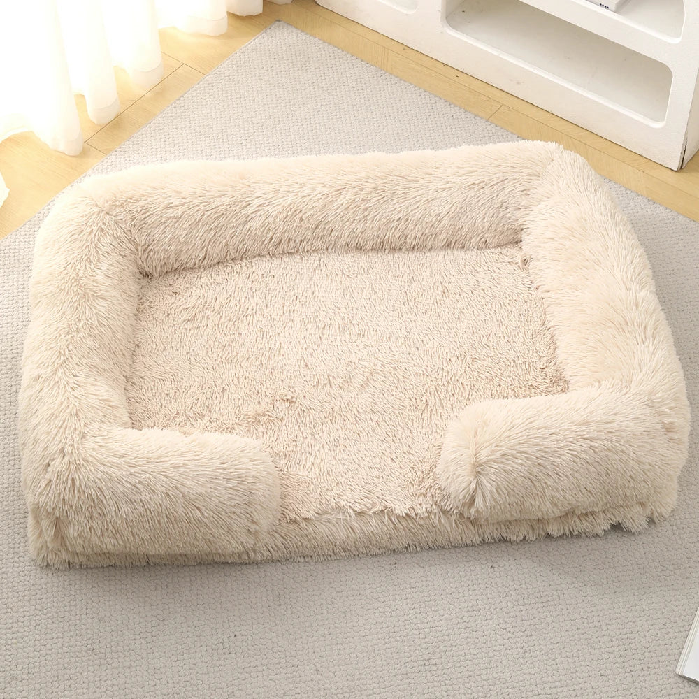 Sofa Style Furry Pet Bed - Rectangular Plush Dog Cat Bed in Warm Earthy Colours, Soft Cozy Sleeping Cushion Mat for Kennel Sofa