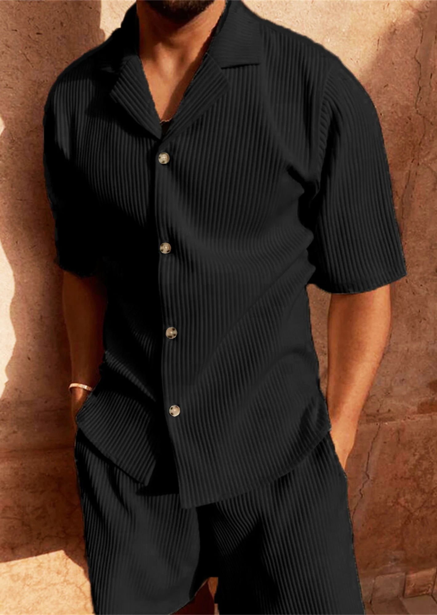 Spring/Summer suit Solid color corduroy shorts sleeve shirt and shorts stretch beach casual suit