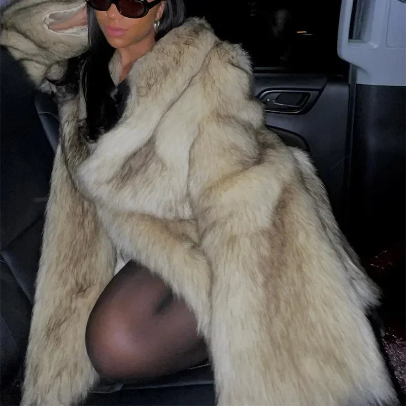 Winter Lady Luxurious Lapel Faux Fur Coats Fashion High Street Long Sleeve Oversize Cardigan Jacket Thick Warm Female Outerwear