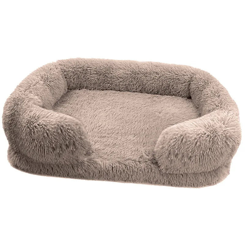 Sofa Style Furry Pet Bed - Rectangular Plush Dog Cat Bed in Warm Earthy Colours, Soft Cozy Sleeping Cushion Mat for Kennel Sofa