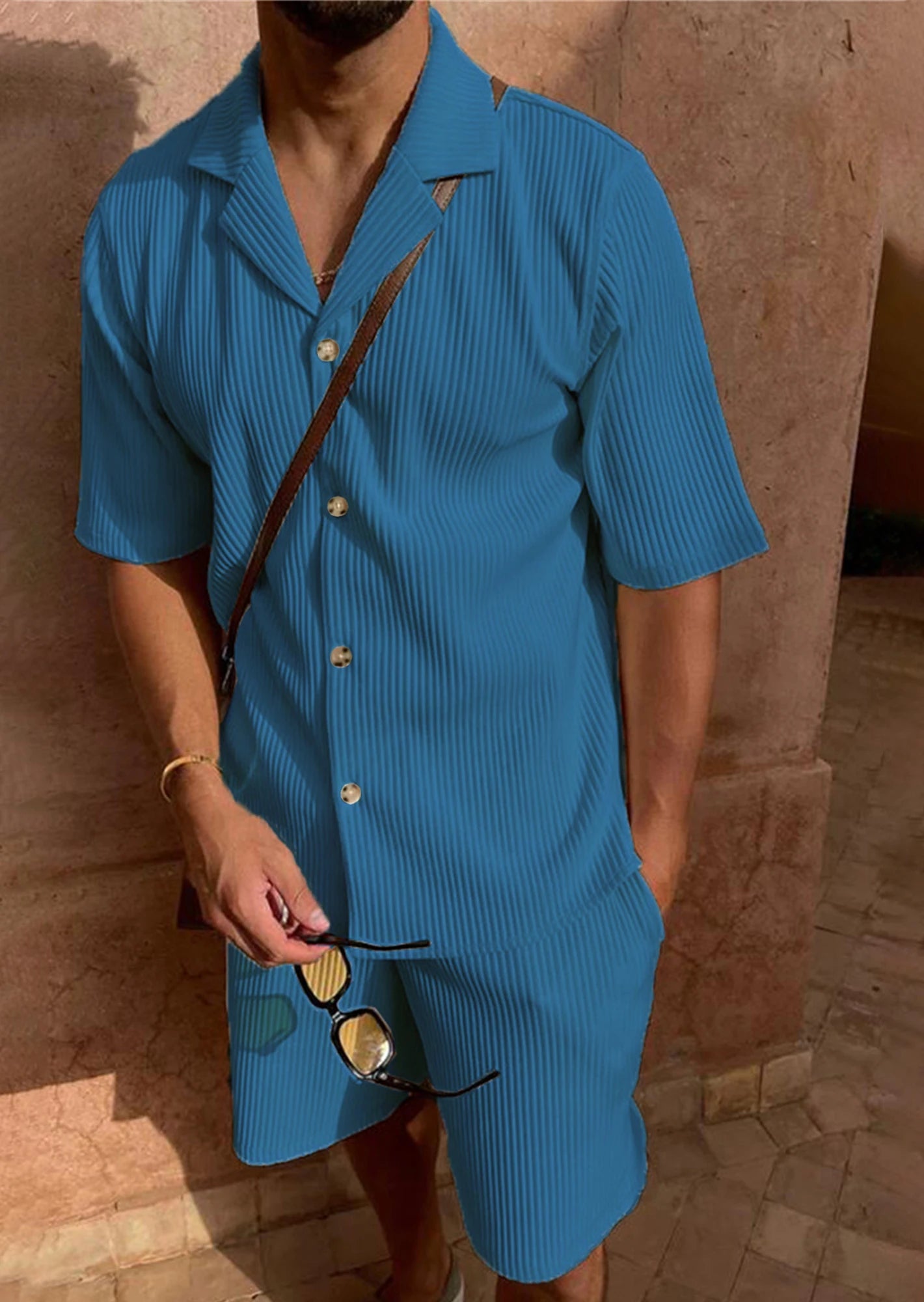 Spring/Summer suit Solid color corduroy shorts sleeve shirt and shorts stretch beach casual suit