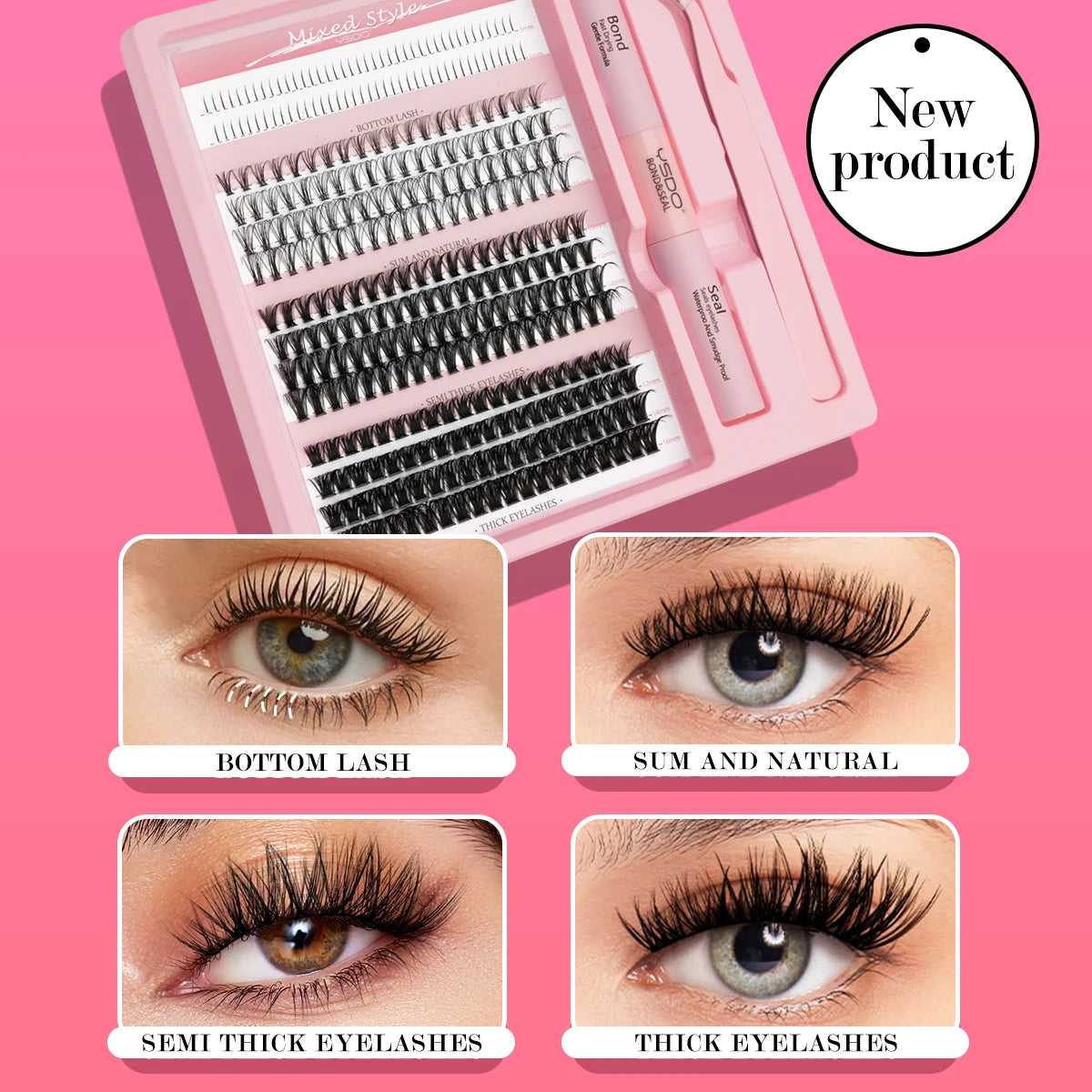 Lash Clusters Set DIY Lashes Extension Kit Individual Eyelash Kit 5-16mm Lash Clusters with Bond and Seal and Lash Applicator