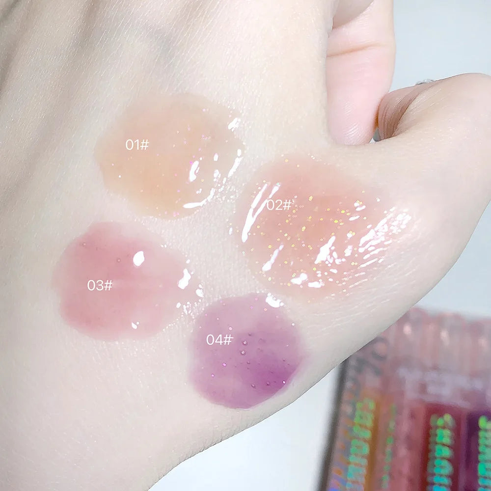 4 PCS Water-gloss Mirror Jelly Lip Gloss Moisturizes Lips Shimmers With Fine Pearls Brightens Lip Color